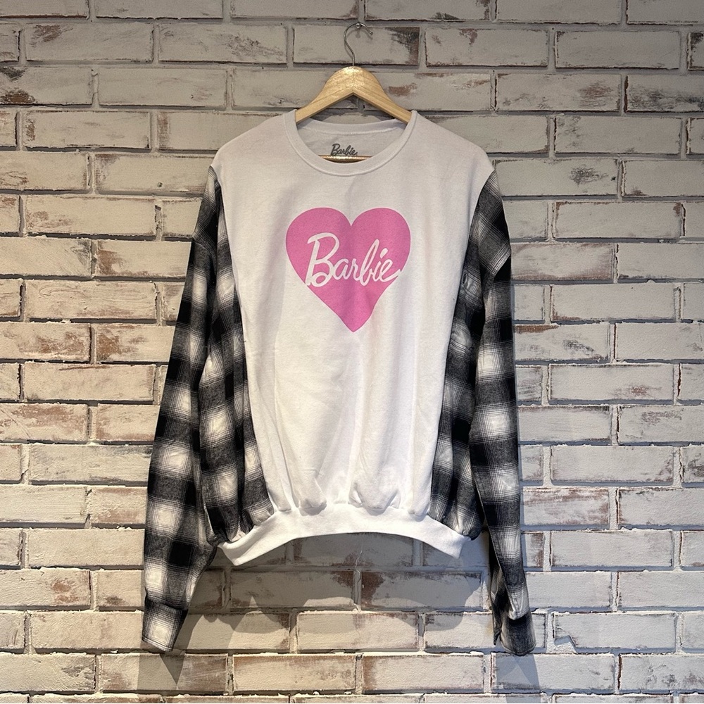 Barbie upcycled plaid crew neck sweatshirt size medium